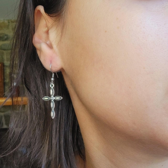 Pair of Silver Simple Classic Cross Hook Drop Earrings - Picture 3 of 8